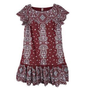 Anthropologie Feather Bone Ynez Maroon Knee Length Shift Dress Boho Cowgirl S